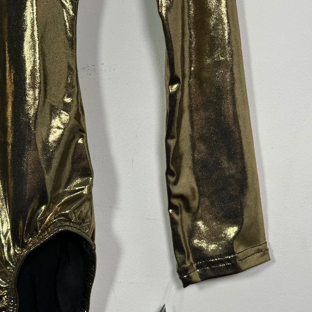 Body Wrappers Metallic Gold Long Sleeve Mock Neck Leotard child 12/14 NWT